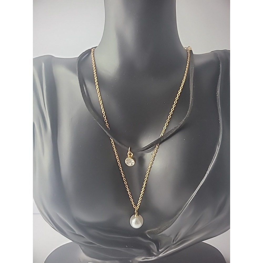 Vintage Necklace Choker Multi Strand Gold Tone White Bead Crystal Chain Jewelry